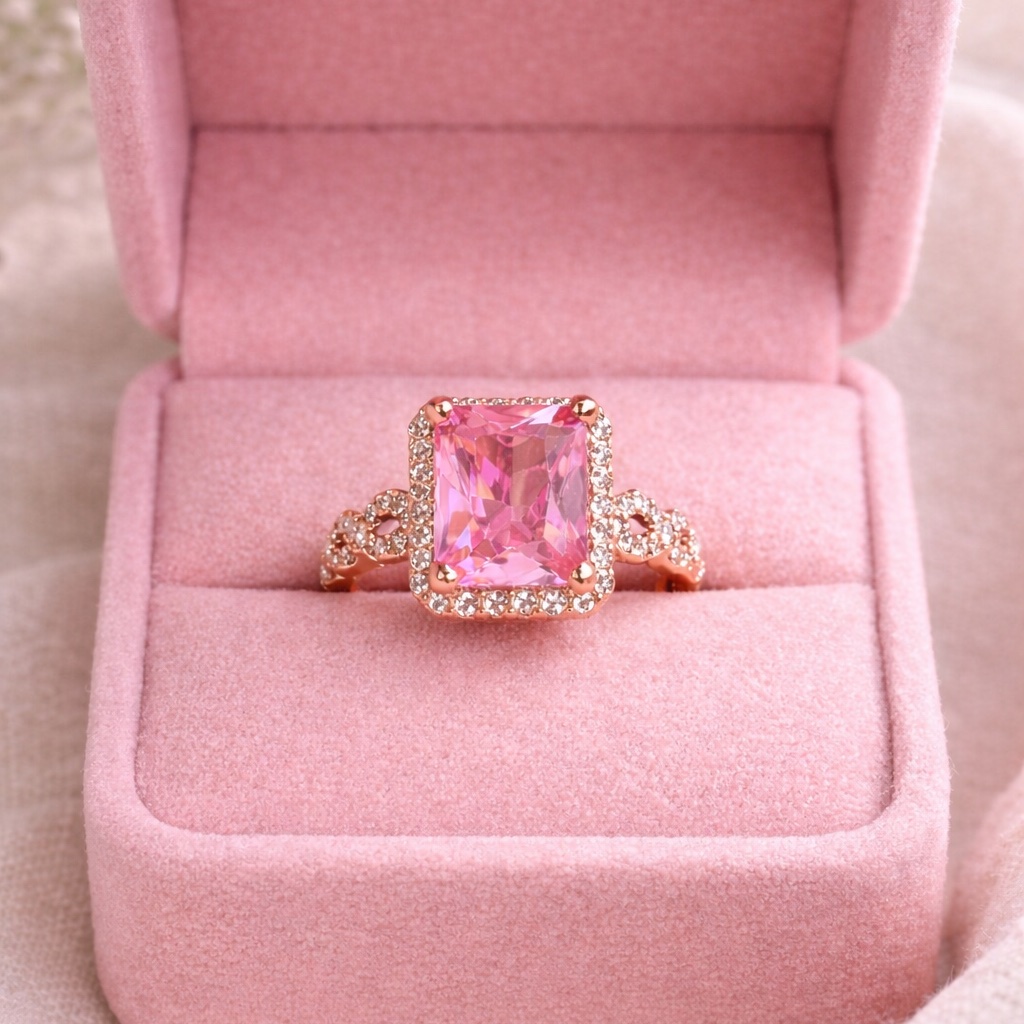Rose Gold Ring With Cushion Cut Pink Gemstone, Size 7